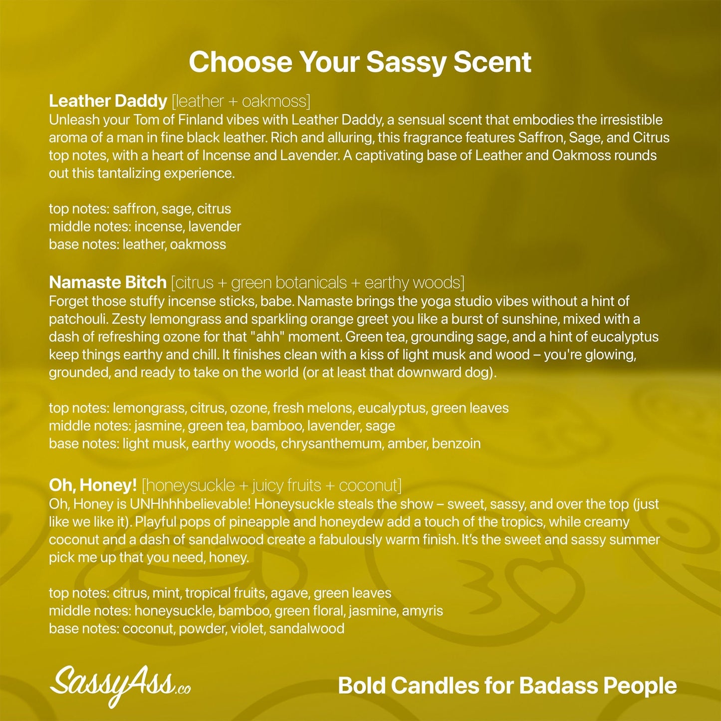 Badass Mommabear - LGBTQ Pride Scented Soy Candle, Handcrafted, Vegan, Cruelty-Free, Eco-Friendly, Unique Gift, Mother's Day, Empowering - a yellow background with text that says choose your sassy scent - SassyAss.co