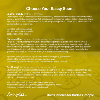 If You Don't Like Queer Get The Fuck Out of Here - Scented Soy Candle, Proudly Queer, Inclusive, Handcrafted, Vegan, Eco-Friendly - a yellow background with text that says choose your sassy scent - SassyAss.co