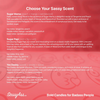 Custom Collaboration Candle - Personalized Sassy Saying, Scented or Unscented Soy Candle, Unique Present, Co-Branded, Essential Oil Infused, - a red background with a text description for a product - SassyAss.co