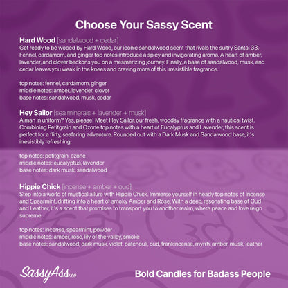 Entering My Good Witch Era - Scented Soy Candle, Enchanting Witchy Vibes & Magickal Experience - a purple poster with the words choose your sassy scent - SassyAss.co