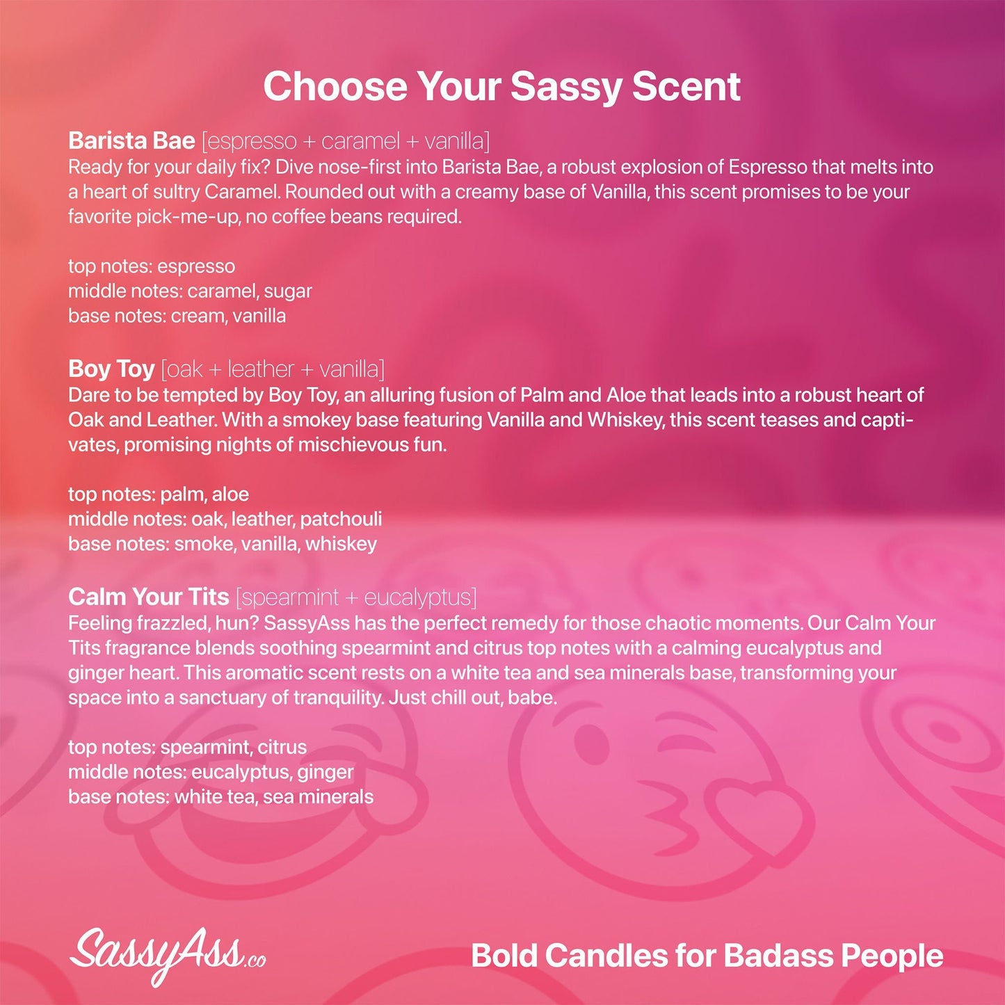 You're My Best Squirrel Friend - Drag Race Inspired Scented Soy Candle: Vegan, Hand-Poured - a pink and purple background with the words, choose your sassy scent - SassyAss.co