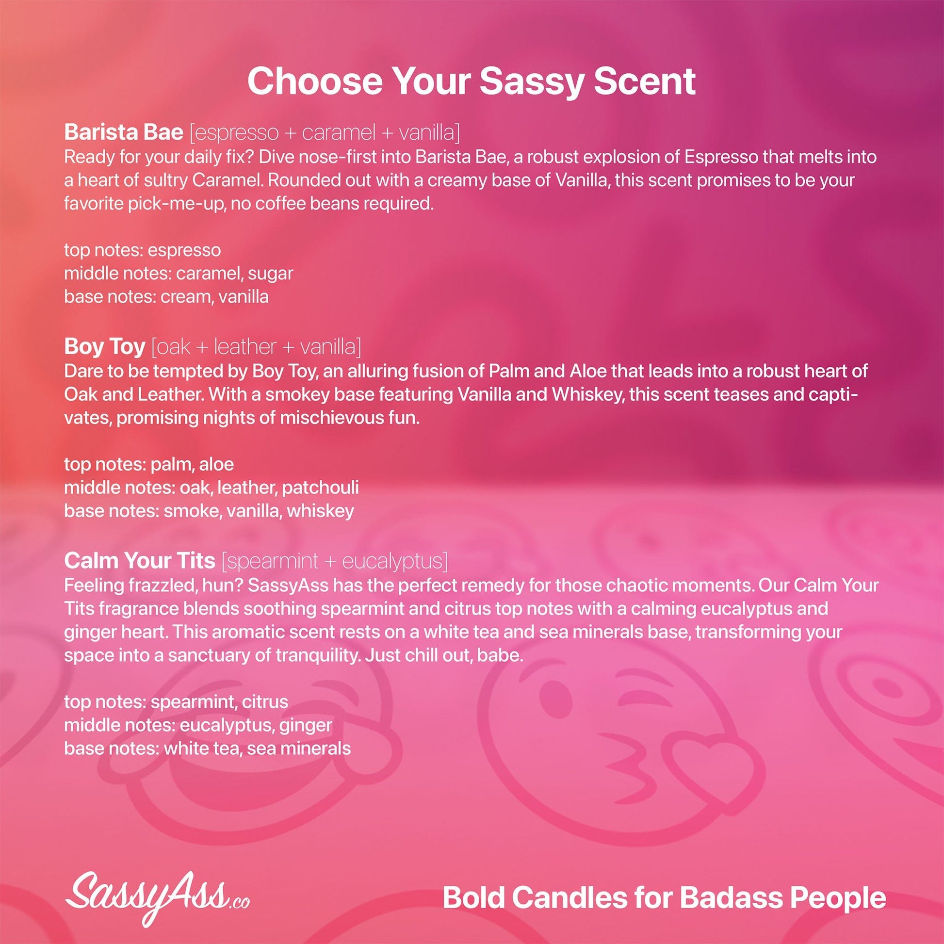 Manifesting Bad Bunny In My DMs - Scented Soy Candle, Playful Music Lover's Delight - a pink and purple background with the words, choose your sassy scent - SassyAss.co