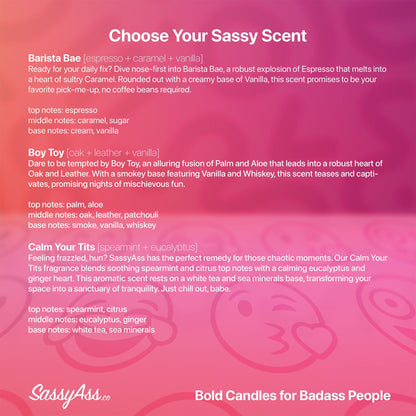 You Better Walk That Fucking Duck - Scented Soy Candle: Vegan, Cruelty-Free & Handcrafted - Unique & Sassy Gift for Drag Race Fans - a pink and purple background with the words, choose your sassy scent - SassyAss.co